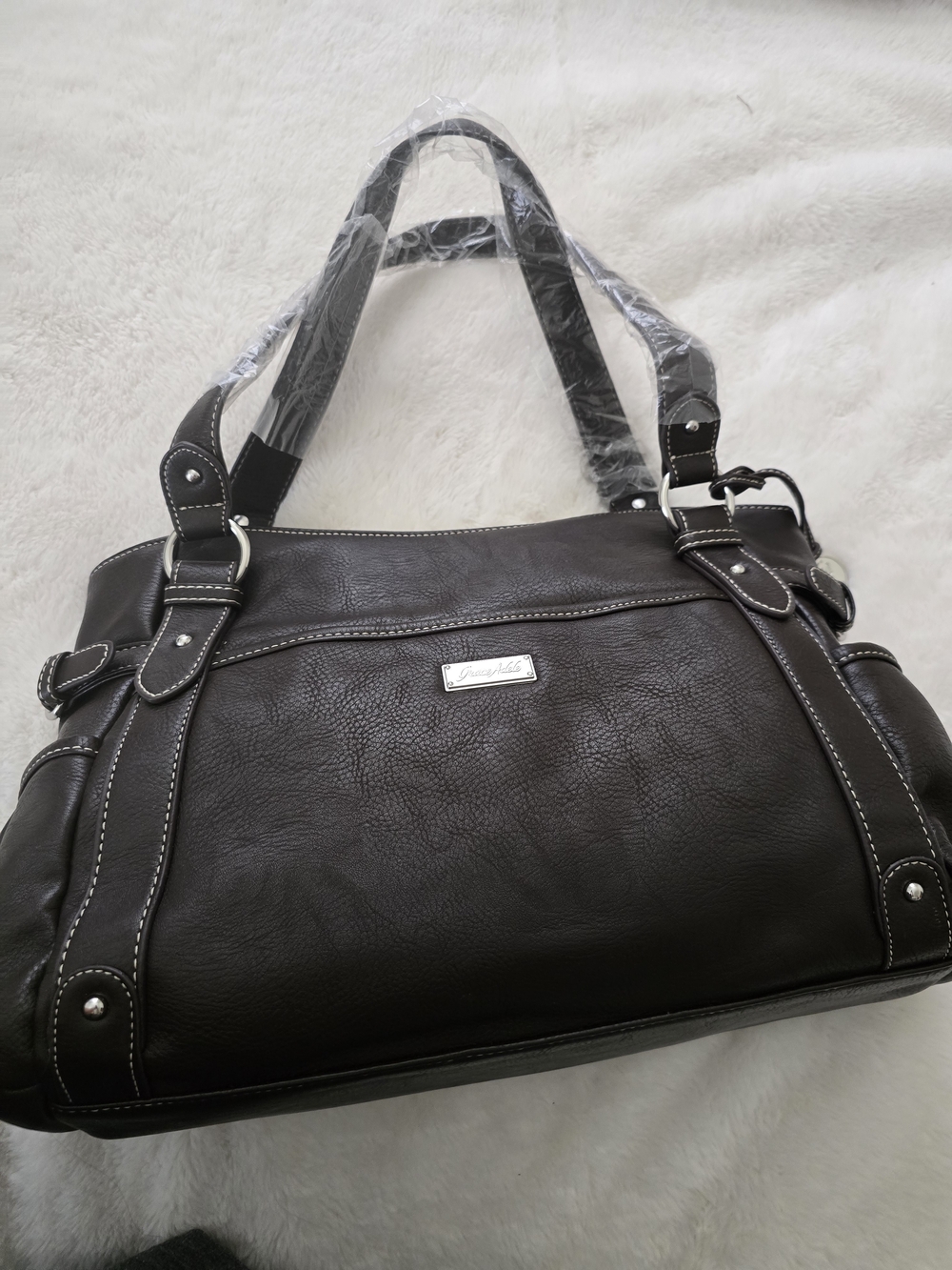 Grace Adele Dark Chocolate Brown Hobo with White Stitching